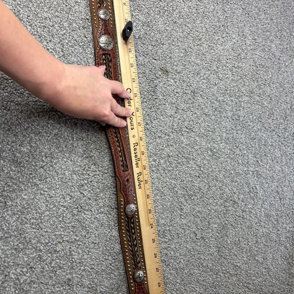 vtg Western Leather‎ Belt braided horsehair inlay cross Brown Conchos Studded 38